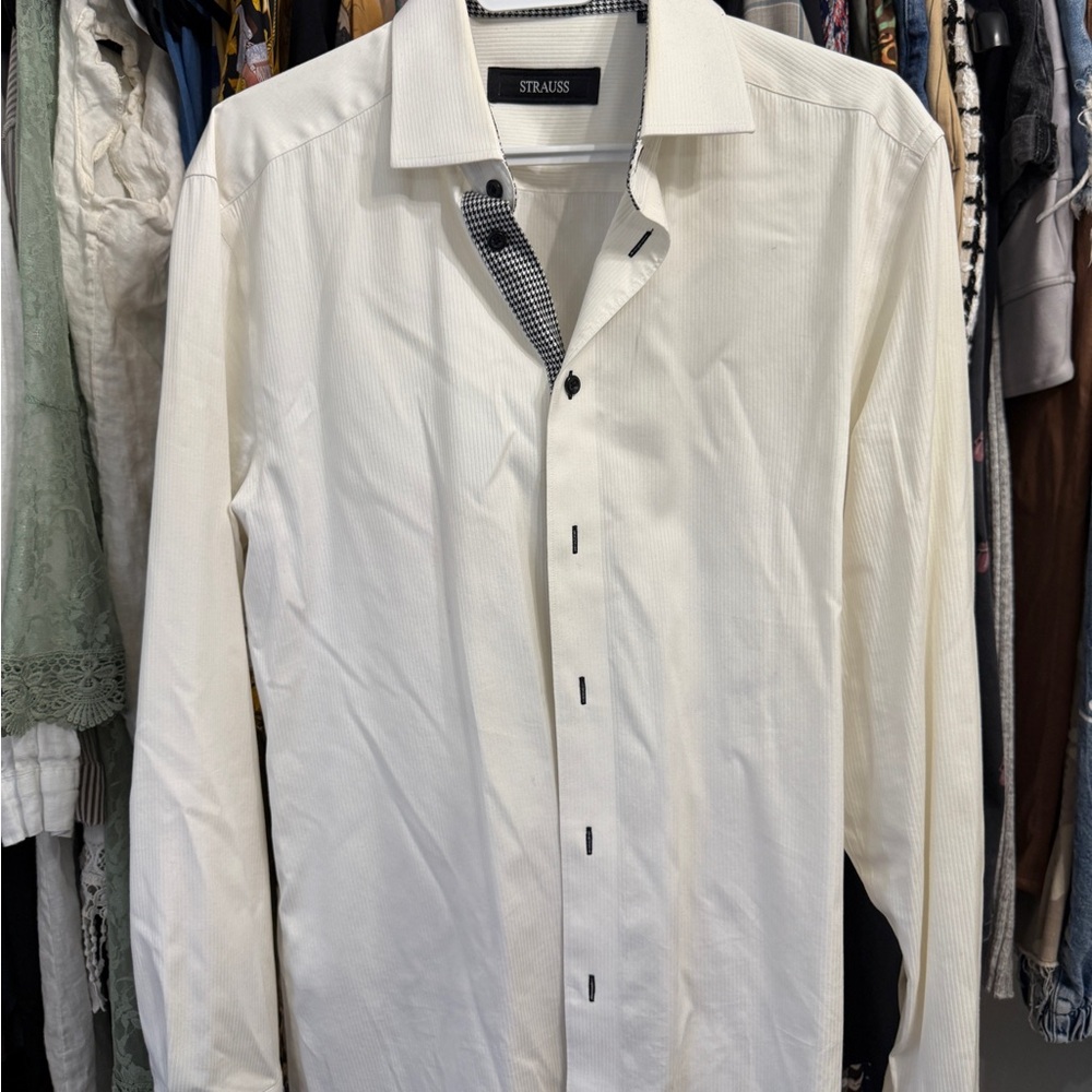 Strauss Men's Long-Sleeve Dress Shirt in Cream with Contrast Trim